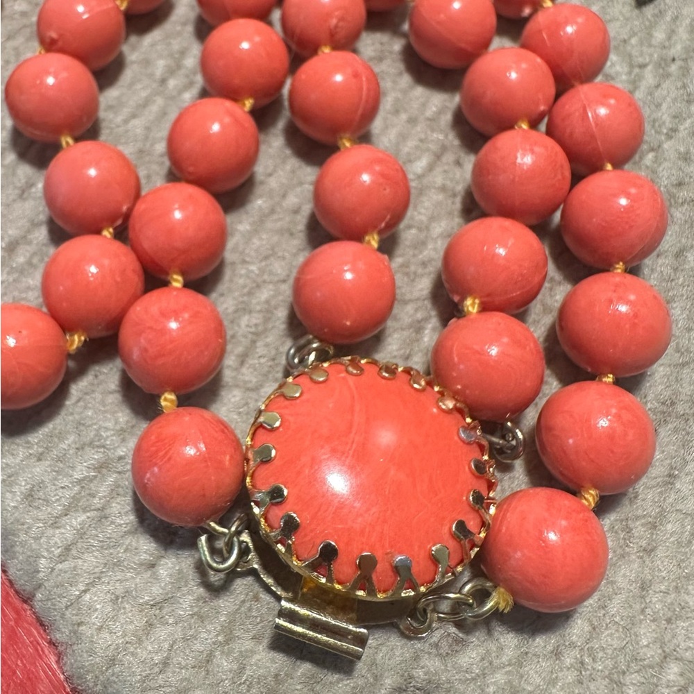 Vintage Mid Century Two Strand Faux Coral Lucite Bead Necklace with Ornate Clasp